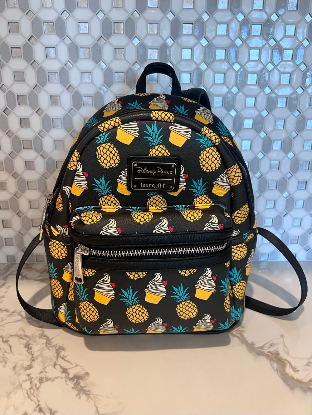 Disney Parks Loungefly Dole Whip Pineapple Swirl Mini Black Backpack Bag